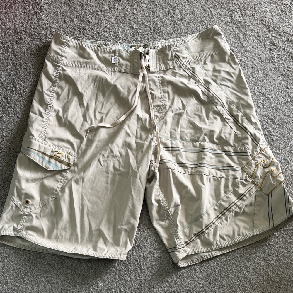 Billabong Cream Cargo Swim Shorts with Subtle Stripe Accents